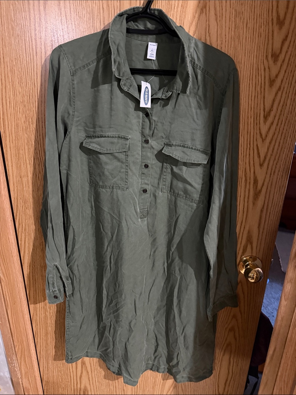 Old Navy Olive Green Long-Sleeve Utility Shirt Dress